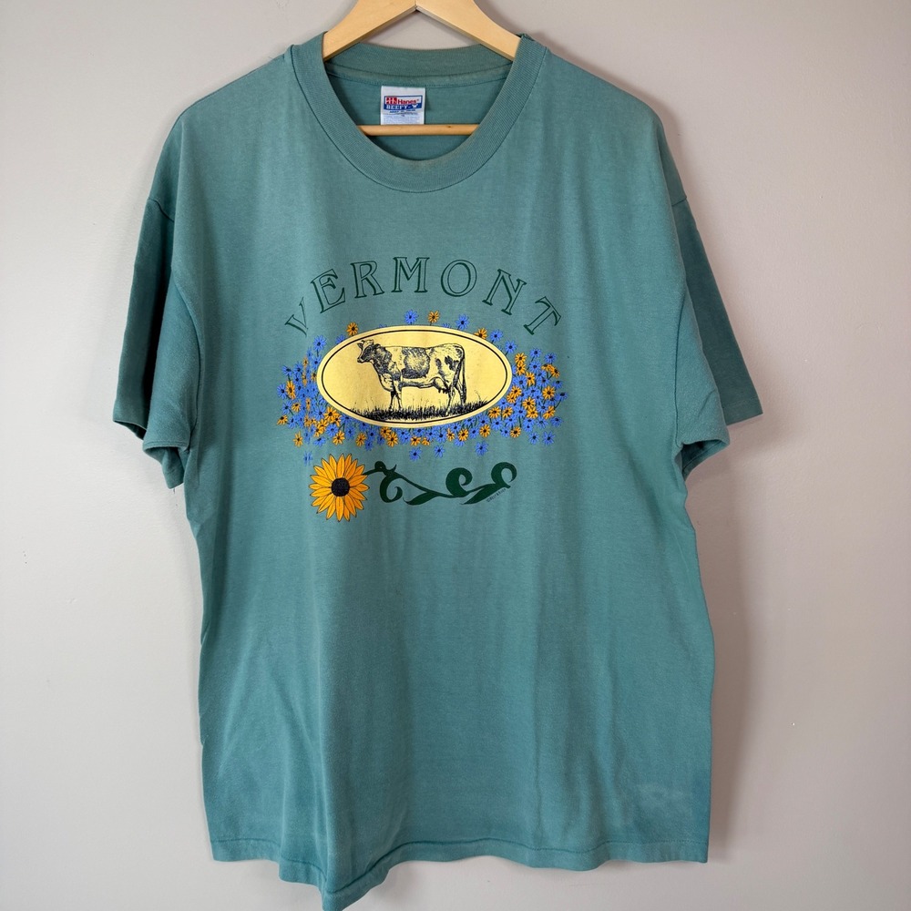 Vintage Hanes Beefy-T Green XL Vermont Cow Sunflower Graphic T-Shirt USA
